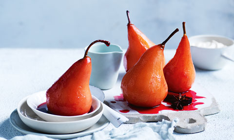Four spiced cranberry slow cooker poached pears