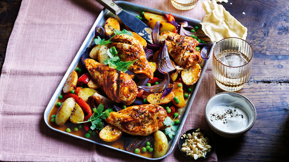 Butter chicken tray bake