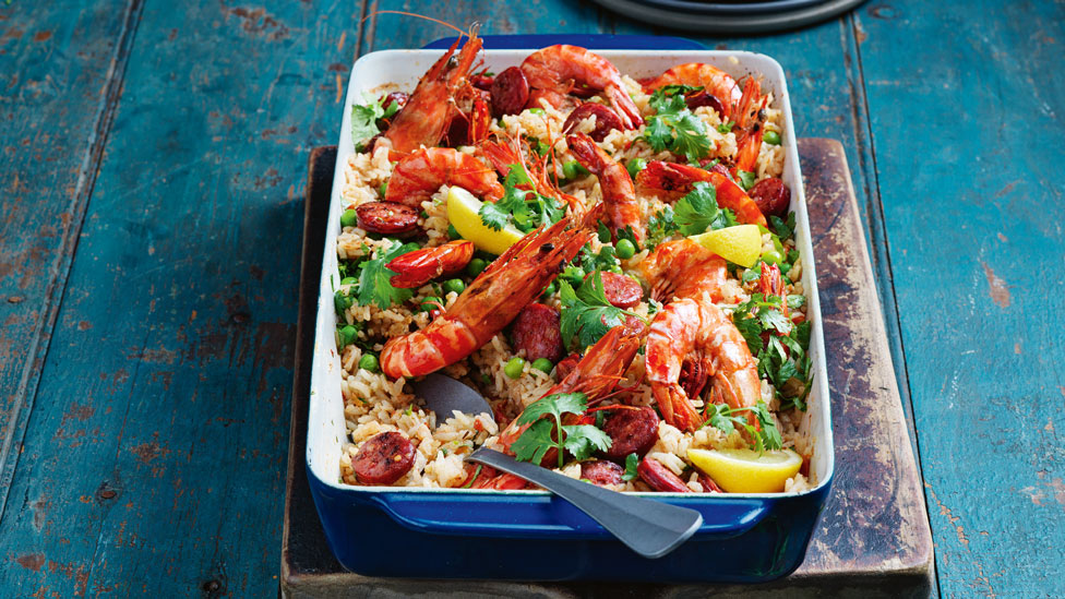 Cajun-style prawn and chorizo tray bake