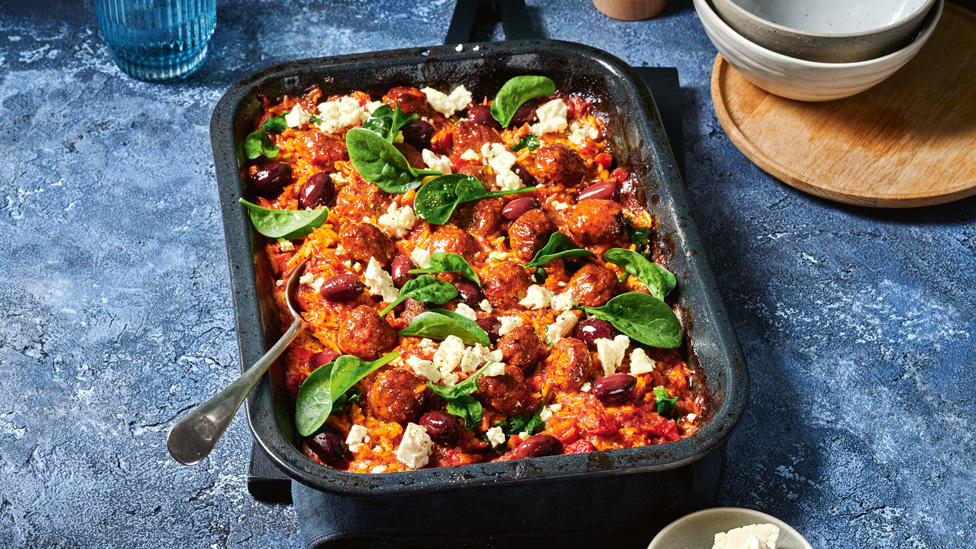 Greek-style meatball and risoni tray bake