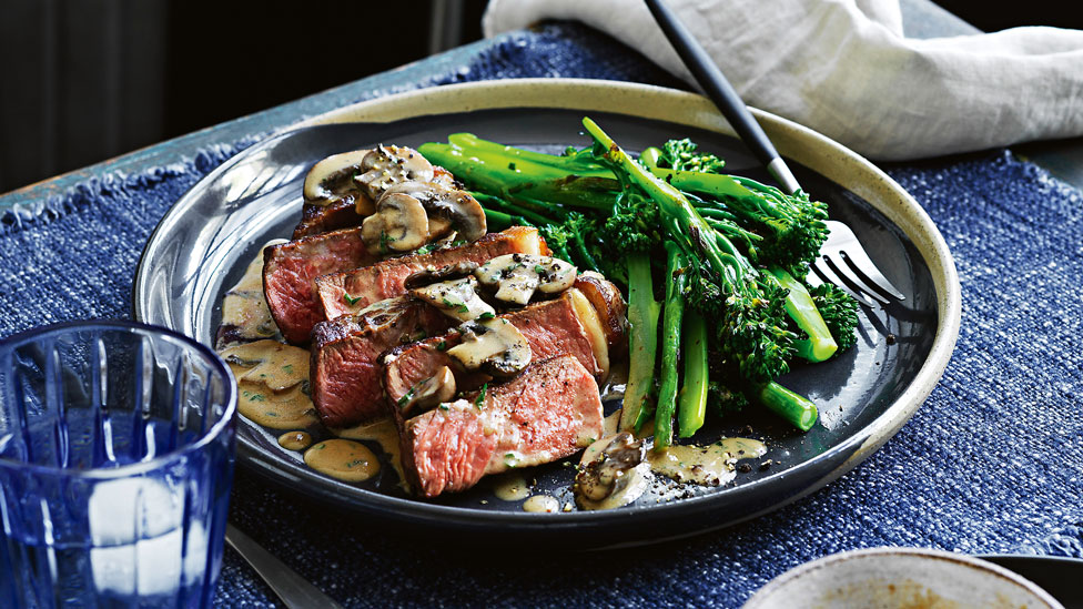 Curtis Stone’s New York strip steak with mushroom pan sauce