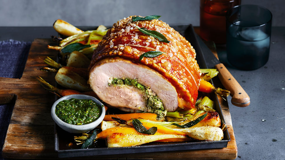 Roast pork with sage pesto and vegetables