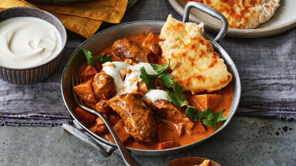 Sausage korma curry with quick naan