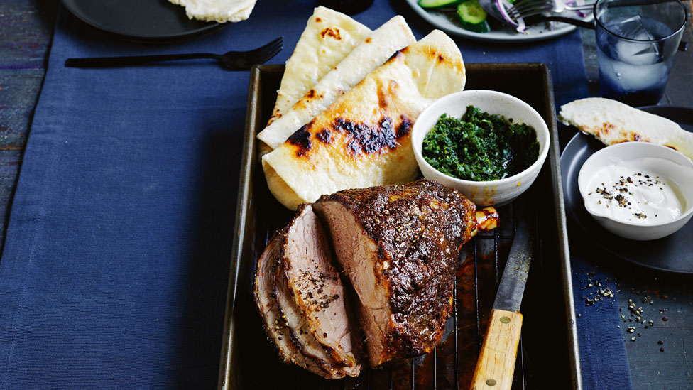 Curtis Stone's Spiced lamb leg with mint chutney and flatbreads