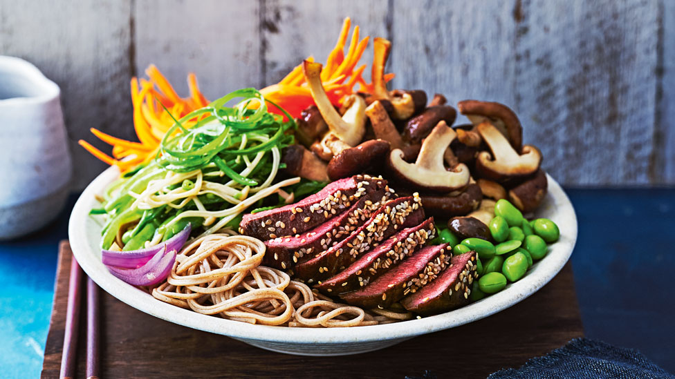 Teriyaki beef with mixed mushrooms and soba noodles