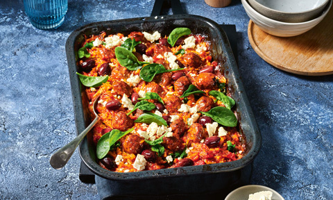 Greek-style meatball and risoni tray bake