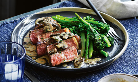 Curtis Stone’s New York strip steak with mushroom pan sauce