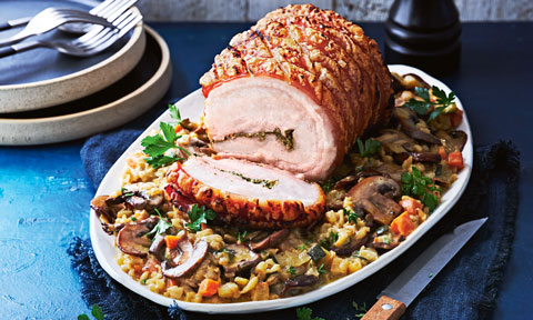 Roast porchetta with braised mushroom and barley