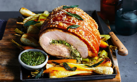 Roast pork with sage pesto and vegetables