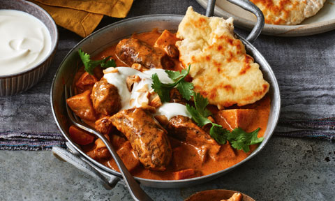 Sausage korma curry with quick naan