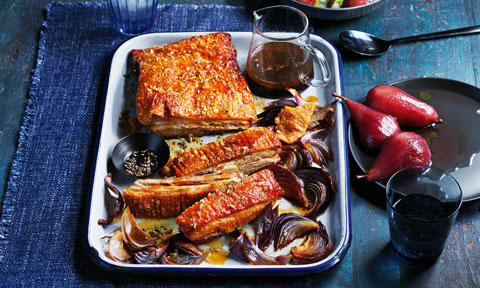 Slow-roasted pork belly with red wine poached pear salad