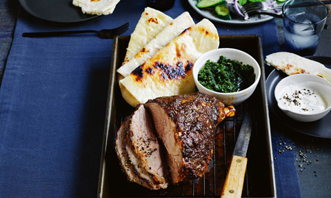 Curtis Stone's Spiced lamb leg with mint chutney and flatbreads