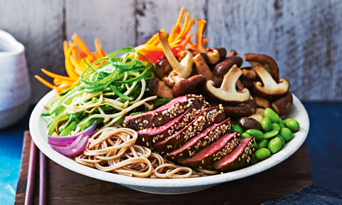 Teriyaki beef with mixed mushrooms and soba noodles