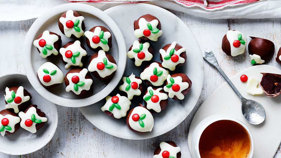 Small plum pudding truffles decorated to look like Christmas reindeer