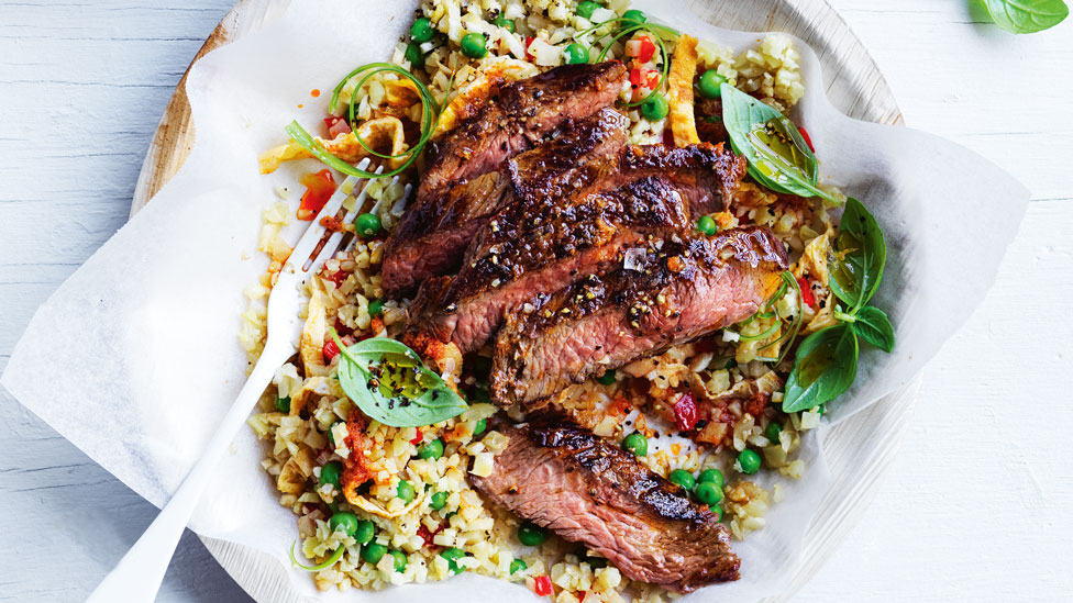 Red curry beef served with cauliflower rice and chilli