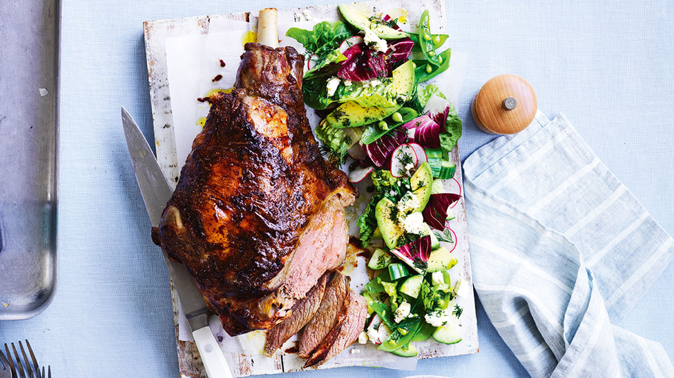 Sliced barbecue lamb with a spring salad on the side.