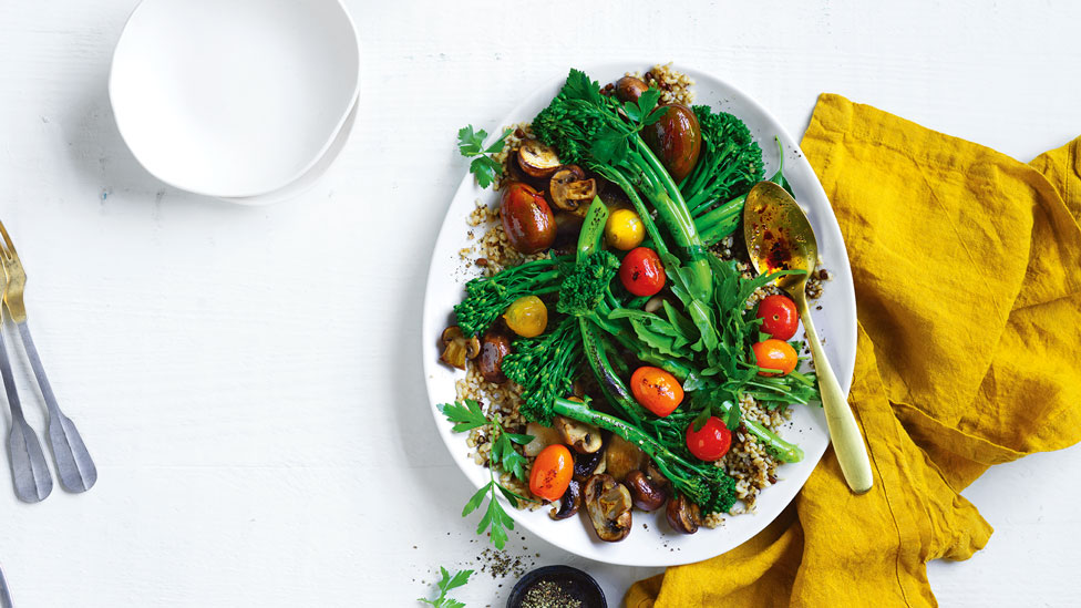 Balsamic veggies and ancient grains on a dish.