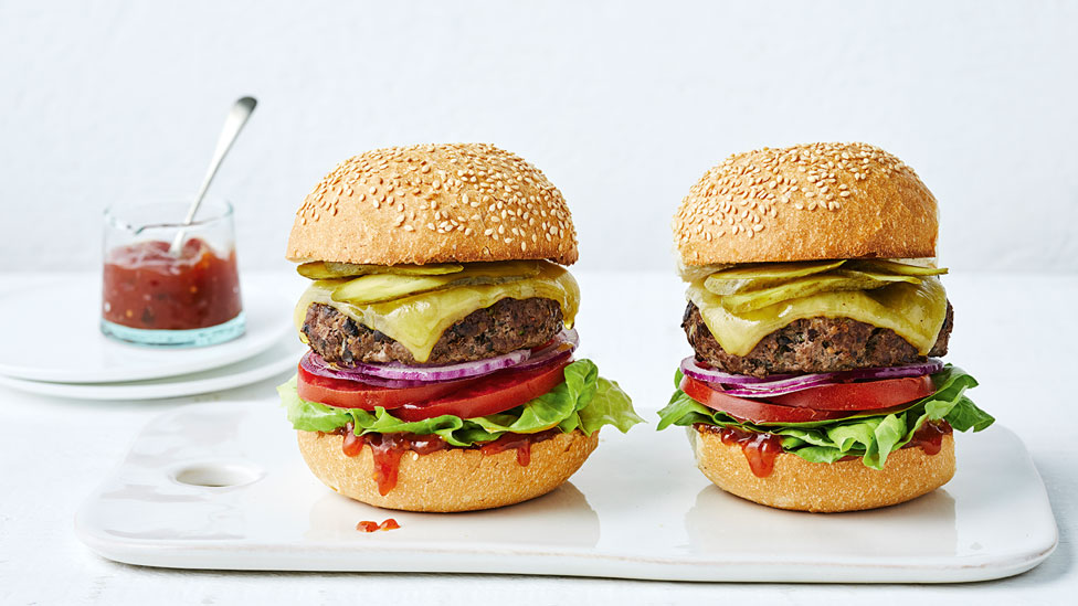 Two mushroom and beef mince burgers