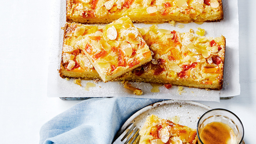 Almond and summer fruit slice cut into small pieces