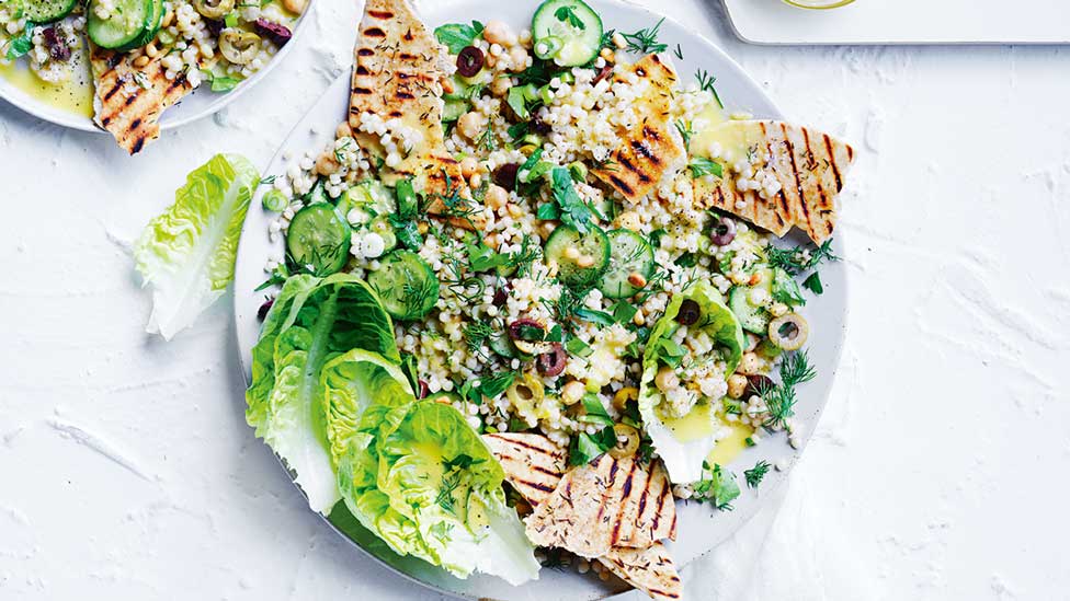 Curtis’ couscous salad with pita, herbs and lettuce