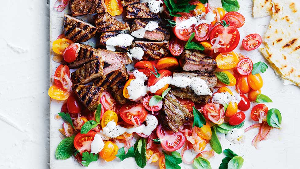 Souvlaki lamb chops with spiced tomato and garlic yoghurt