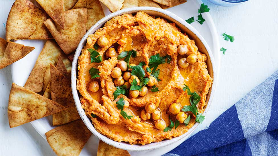 Roasted sweet potato hommus and pita pieces