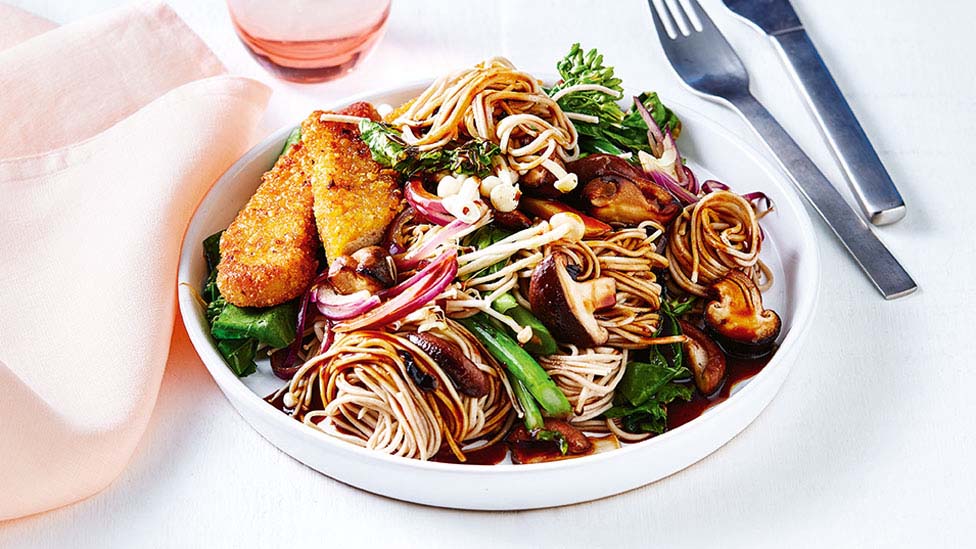 Mushrooms, greens and tenders with soba noodles 