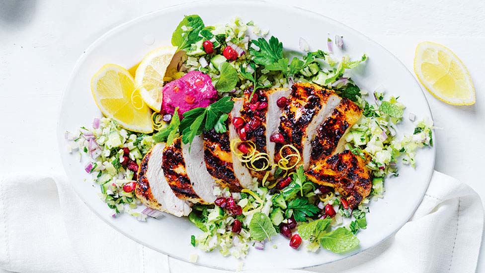 Thickly sliced chicken breast with veggie tabouli