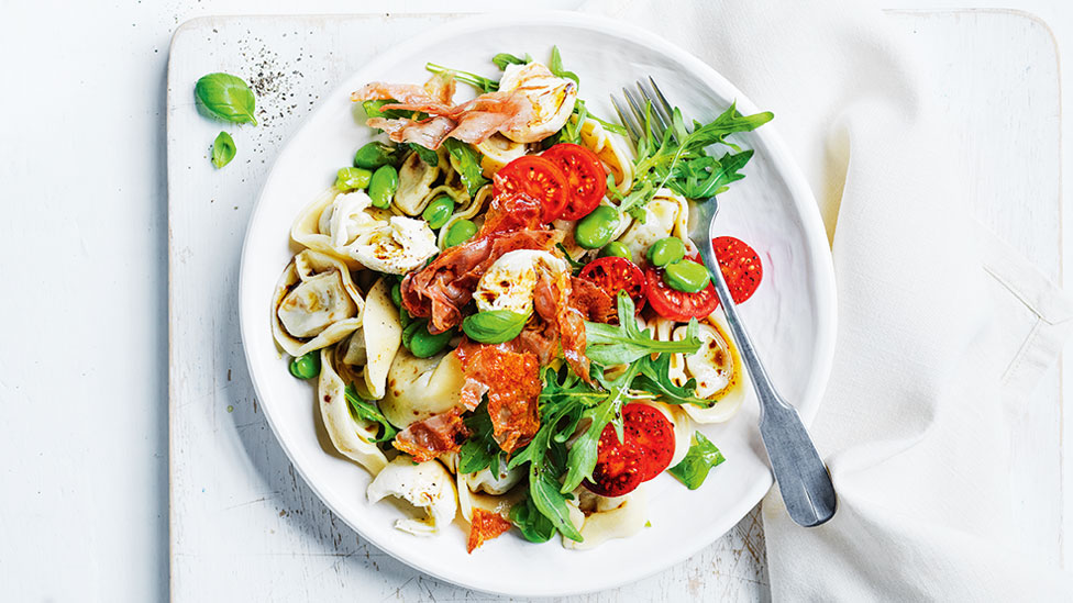 Tortellini, prosciutto with tomato, bocconcini and basil salad