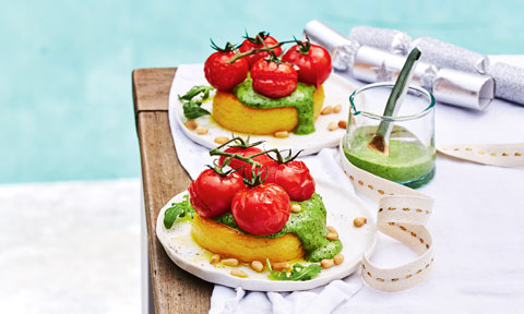 Fried polenta with creamy pesto and roasted tomatoes