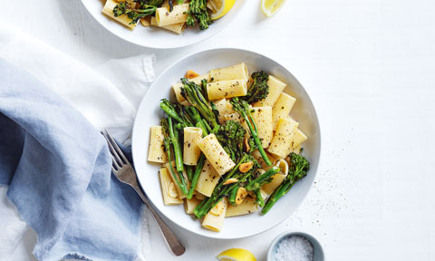 Roasted baby broccoli with seasoned rigatoni