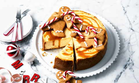 A gingerbread cheesecake served around christmas decorations