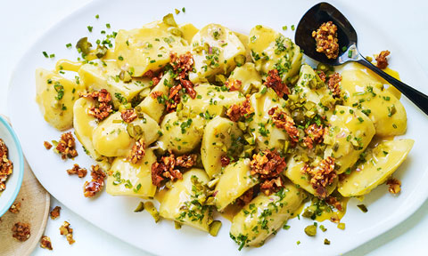 Honey mustard potato salad served with shallots