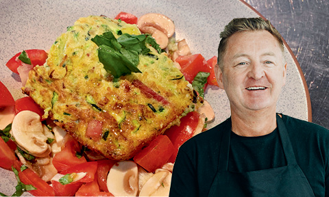 An image of zucchini slice behind a photo of Luke Mangan