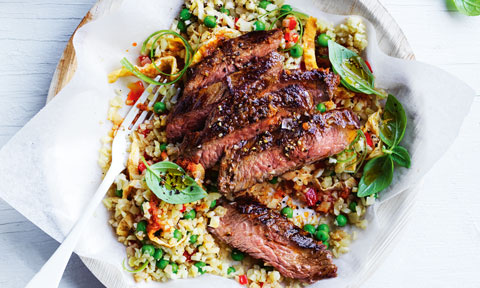 Red curry beef served with cauliflower rice and chilli
