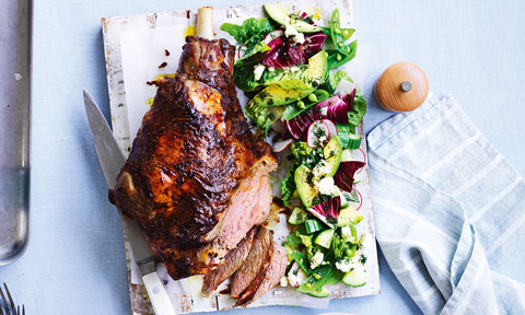 Sliced barbecue lamb with a spring salad on the side.