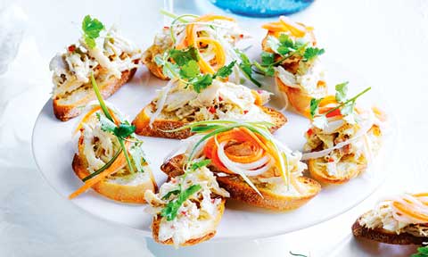 A plate of mini open bahn mi bites