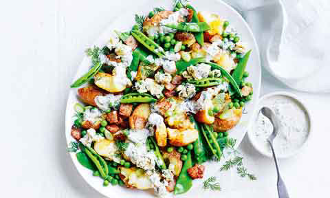 Crispy potato salad plate with blue cheese and beans