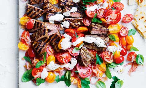 Curtis Stone's souvlaki lamb with tomato and garlic yoghurt