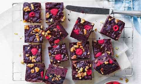 Dairy-free beetroot and raspberry brownie