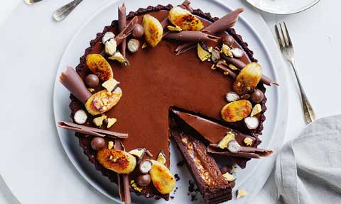 Double choc-caramel peanut tart