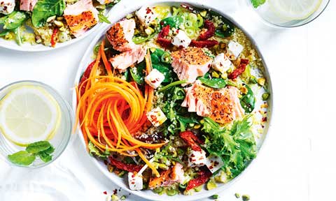 A bowl of fetta & pistachio couscous with salmon