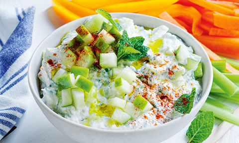 Tzatziki with green apple, cucumber chops and paprika