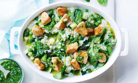 Slow cooker primavera risotto with chicken breast chops