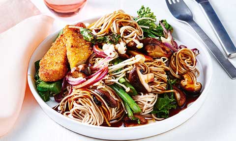 Mushrooms, greens and tenders with soba noodles 
