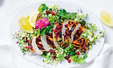 Thickly sliced chicken breast with veggie tabouli