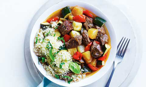 Spring beef casserole with pineapple and zucchini chops