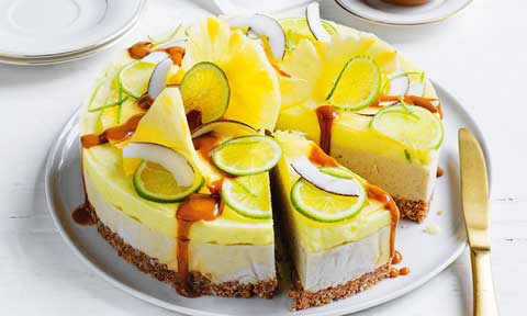 Vegan tropical ice cream cake with lime, pineapple and coconut