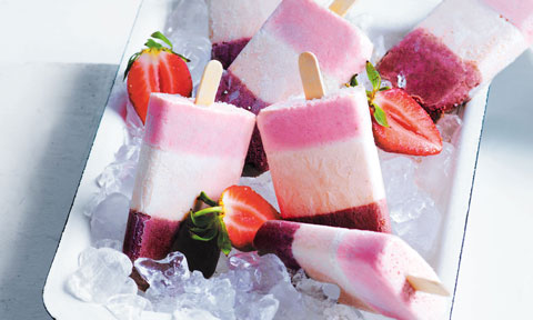 Five Neapolitan ice cream pops on ice