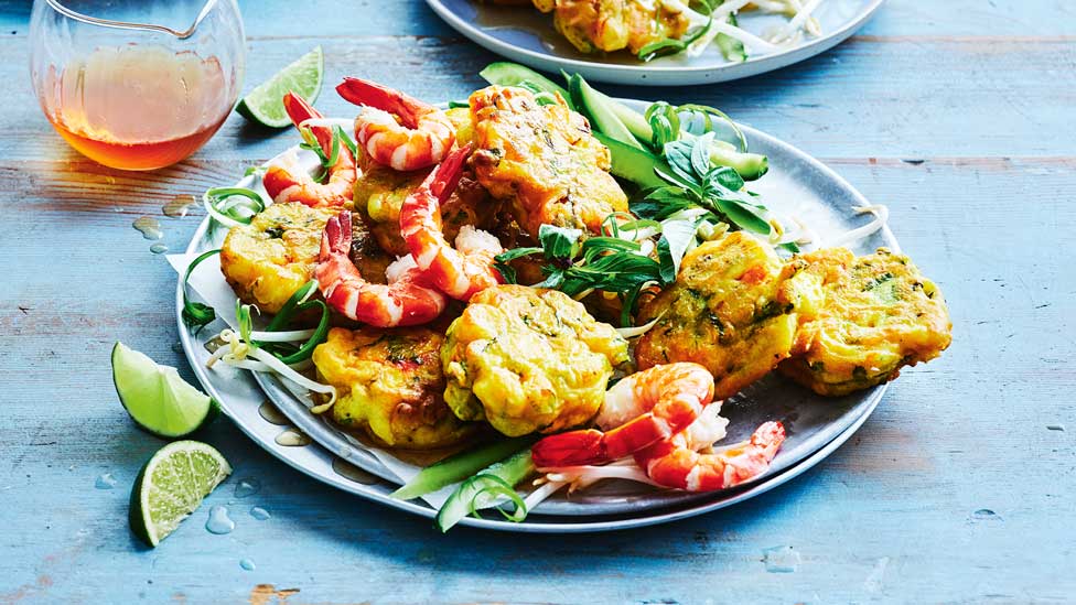 Prawn fritters with bean sprout salad